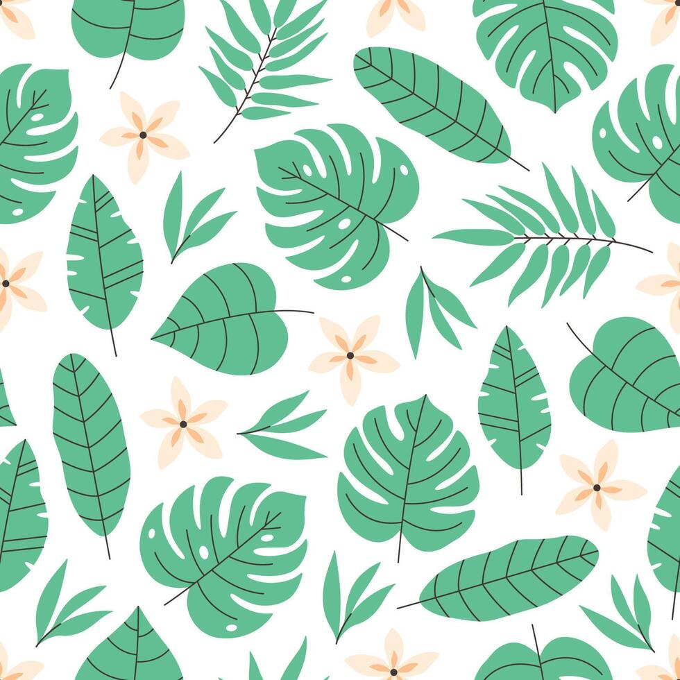 Seamless pattern with tropical leaves and flowers. Summertime, tropical place vector
