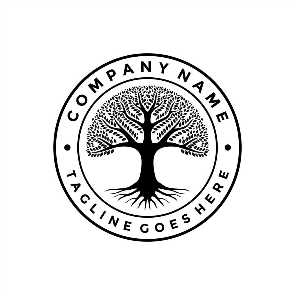 Root Leaf Family, Tree of Life Oak Banyan Maple Stamp Seal Emblem logo design template vector