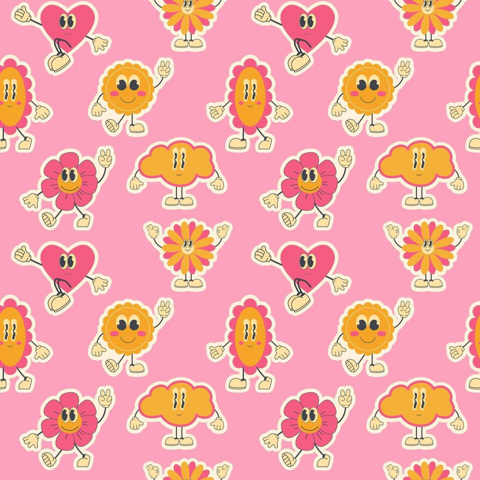 2000s pattern with cartoon groovy characters on a pink background. 2000s background vector
