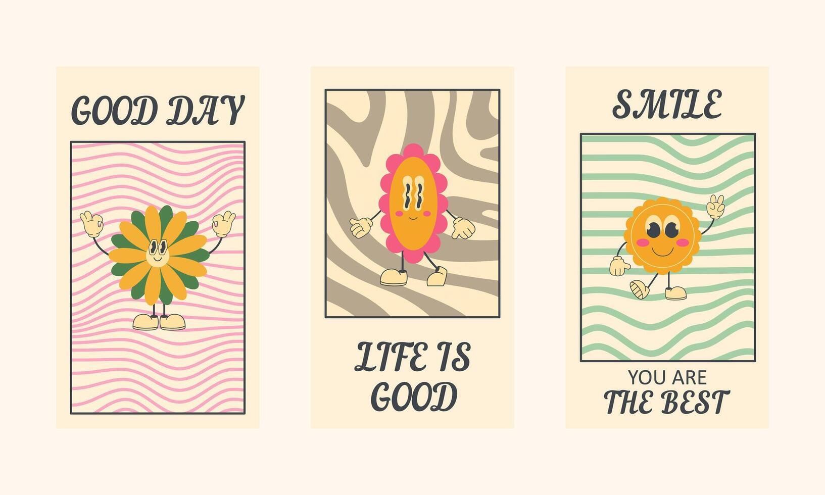 Set of social media templates with cartoon groovy characters in 90s style. Retro poster vector