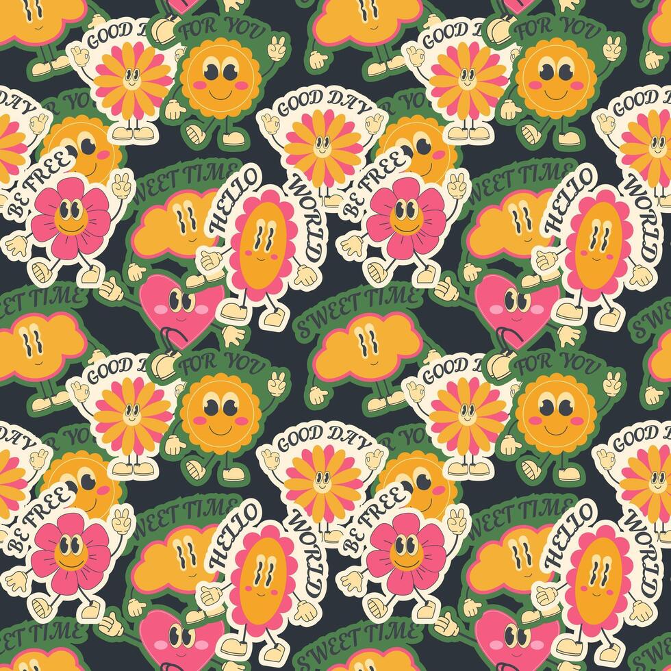 2000s pattern with cartoon groovy characters with inscriptions on a dark background. 2000s background vector