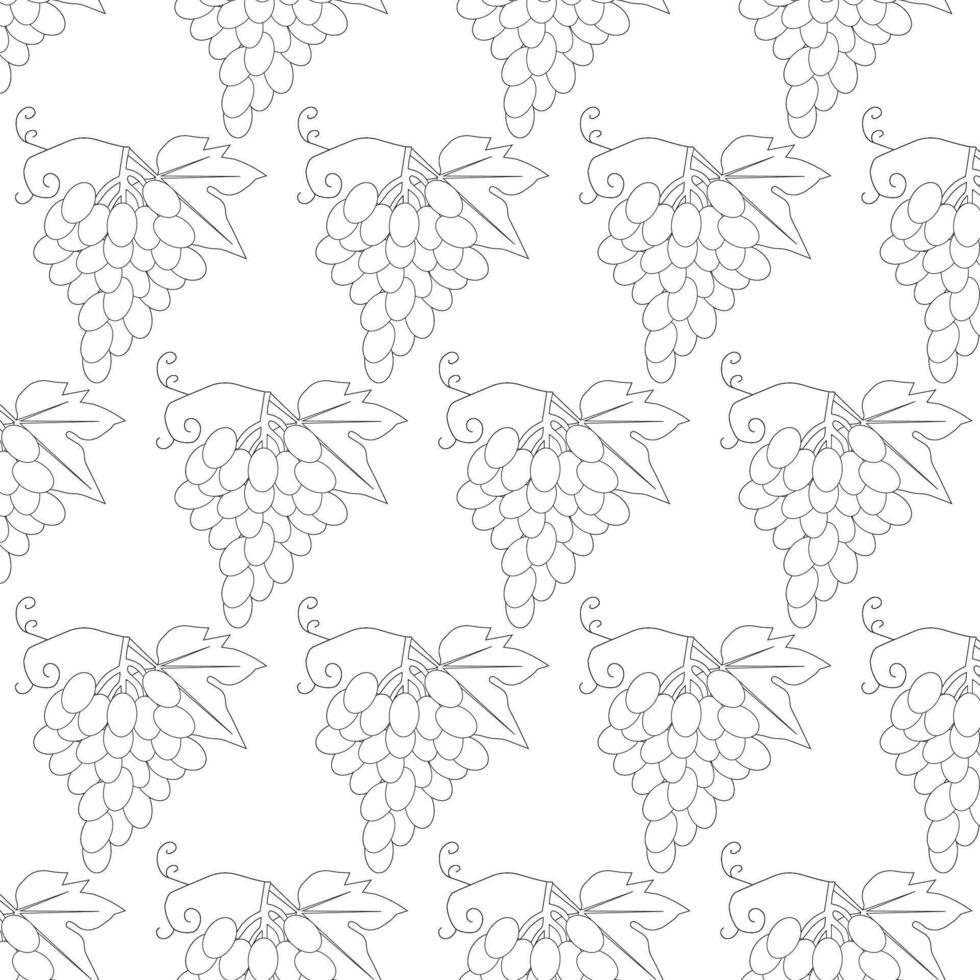 Grape branch with laza and leaves. Ripe bunch, juicy grape fruit. Doodle style. Seamless pattern. illustration. vector