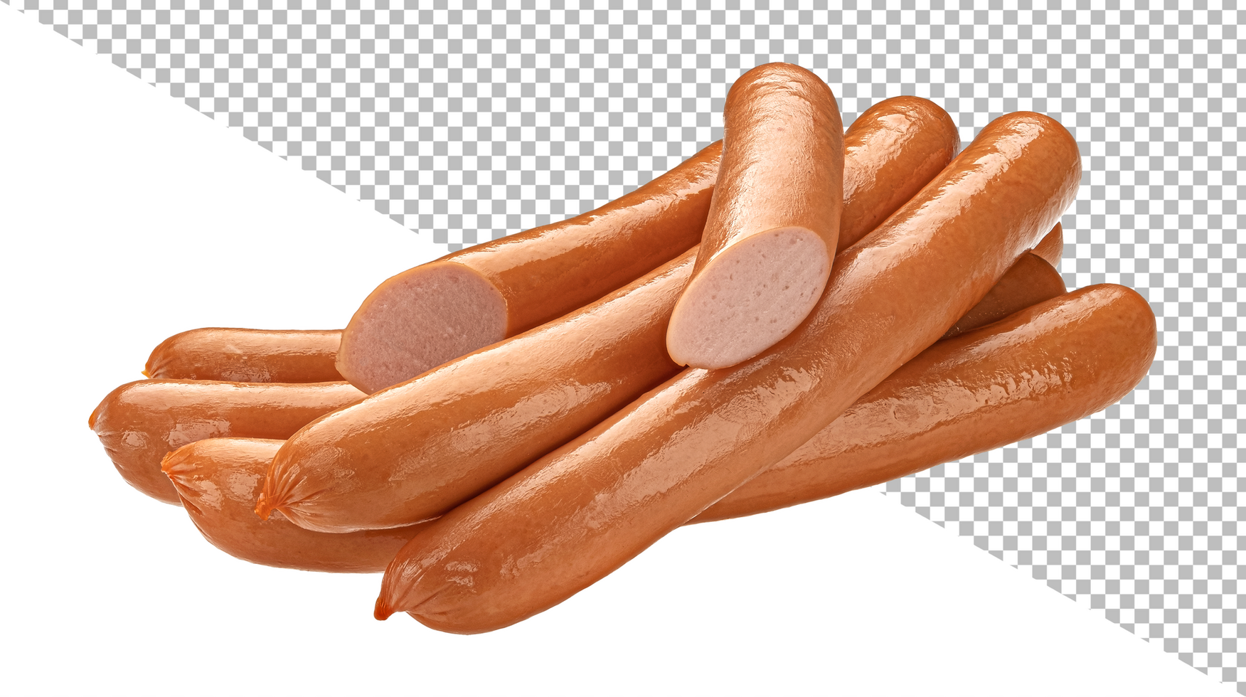 Hot dog sausage isolated on white background, raw frankfurter sausages, full depth of field psd