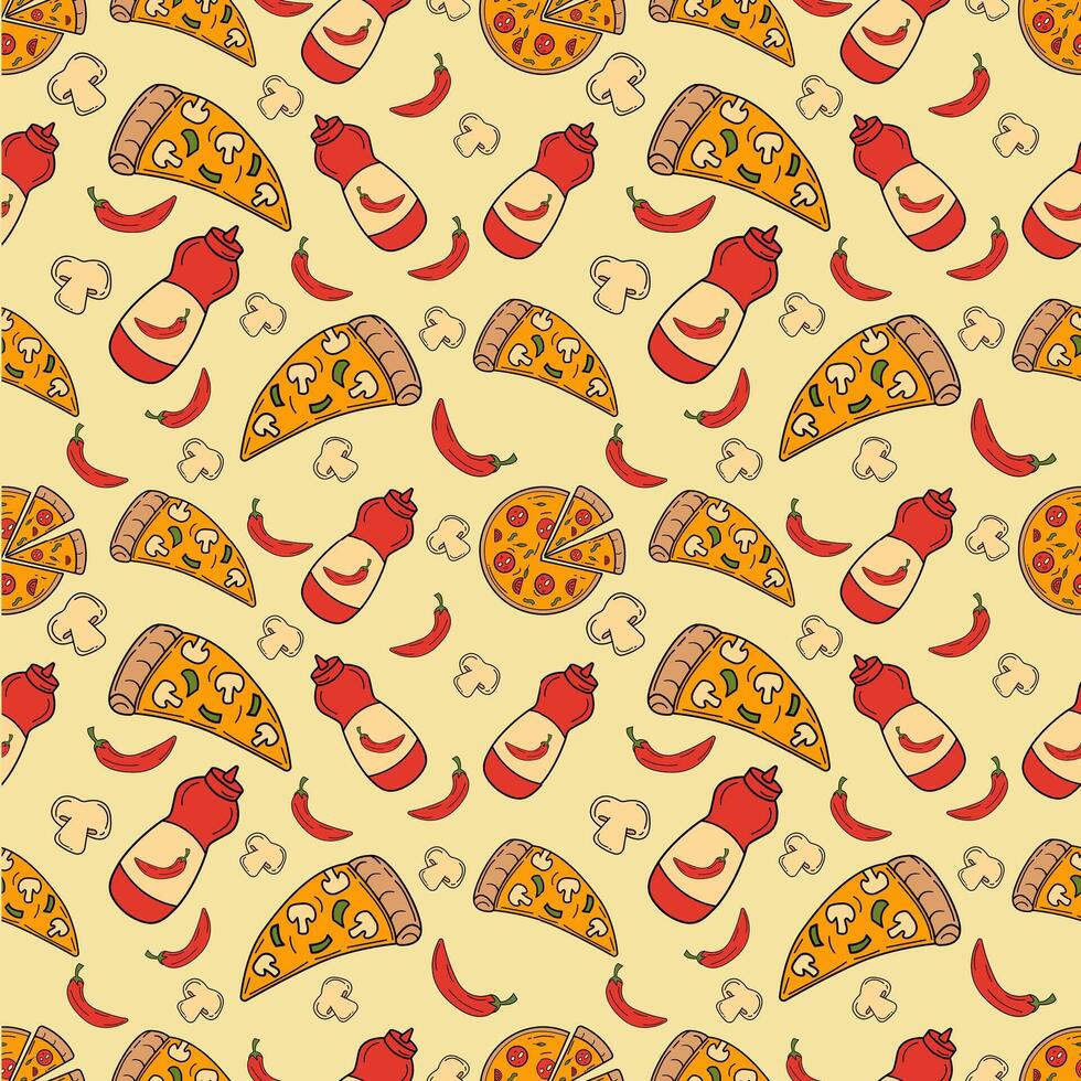 Hand Drawn Colorful Pizza Ingredients seamless pattern vector
