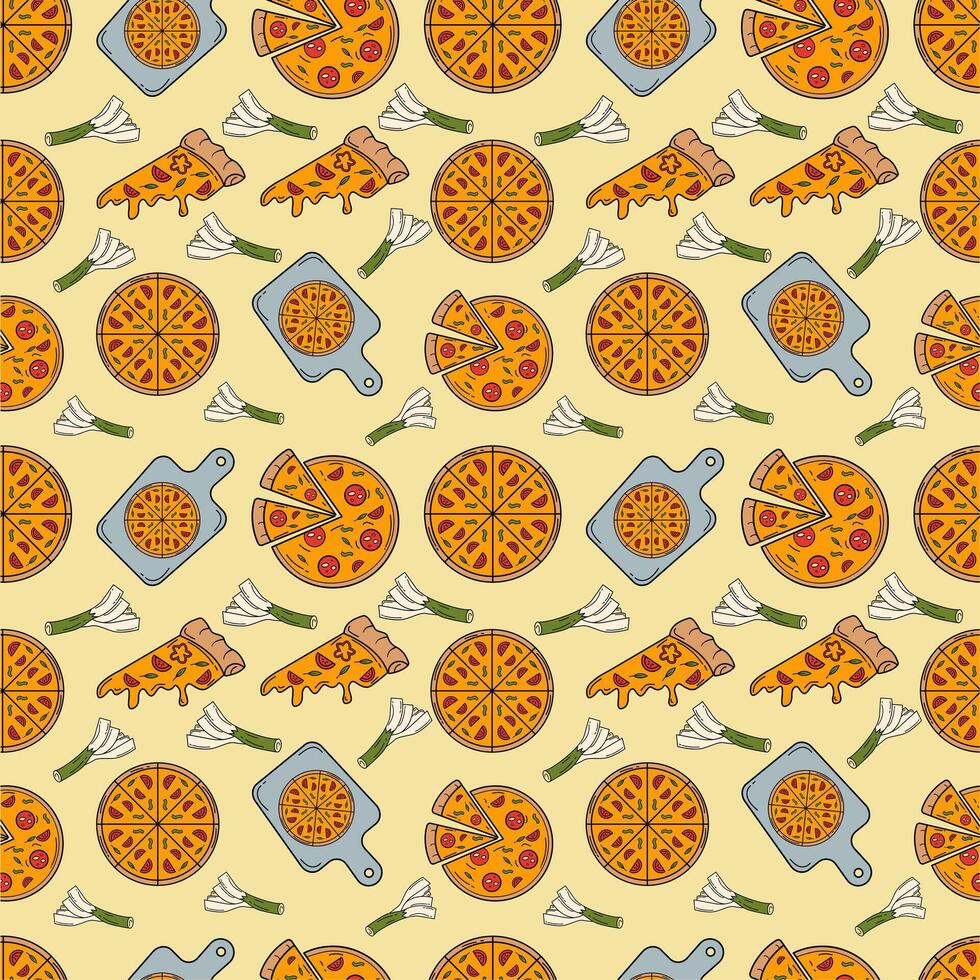 Hand Drawn Colorful Pizza Ingredients seamless pattern vector