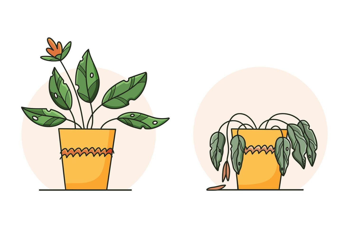 Cute sad wilted plant in a pot. Stages of withering, abandoned and scared houseplant without watering and care vector