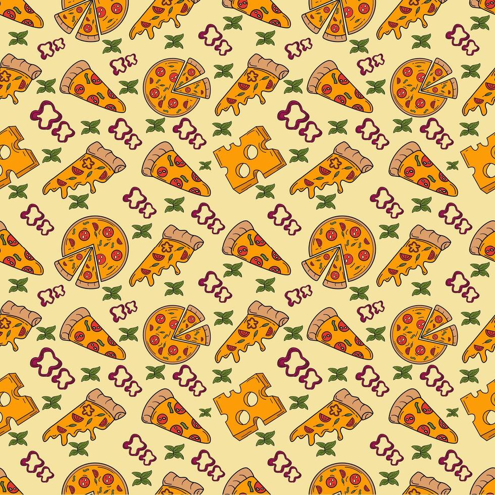 Hand Drawn Colorful Pizza Ingredients seamless pattern vector