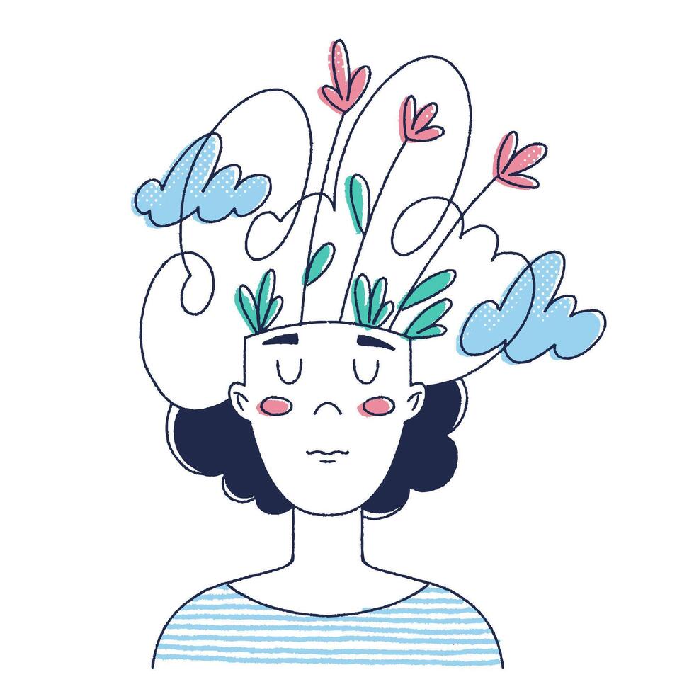 Dream, imagination, fantasy, creativity concept. Daydreaming girl thinking of her wishes and future. vector