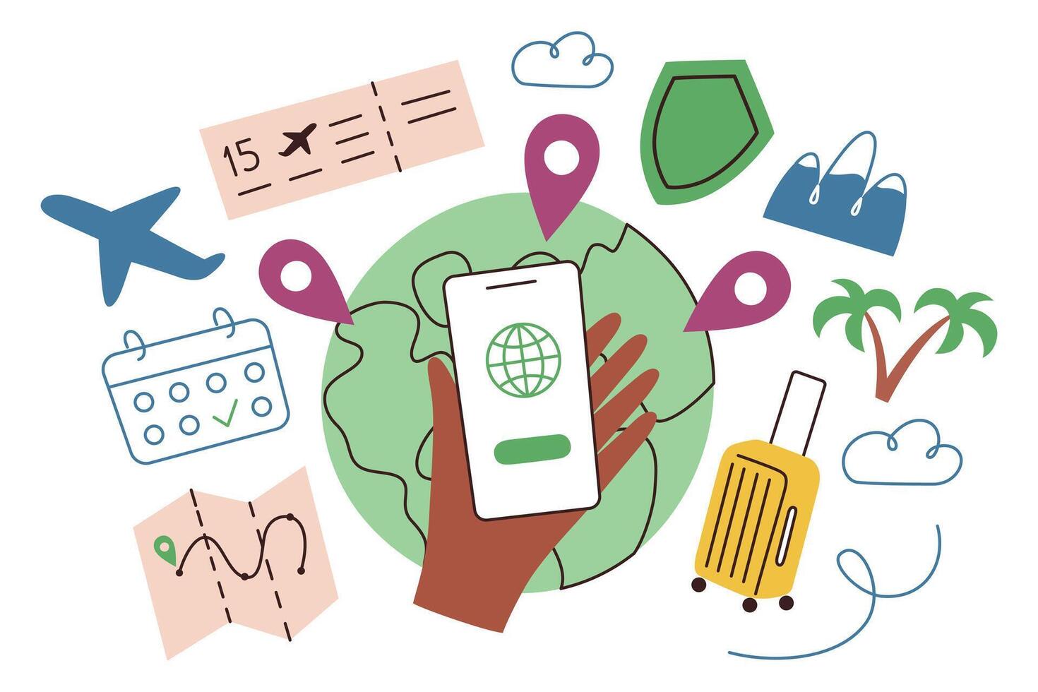 Planning travel composition, globe with location icons, illustration hand with smartphone, mobile app for tourist, website for travelers, organizing vacation, suitcase, ticket, insurance doodle vector