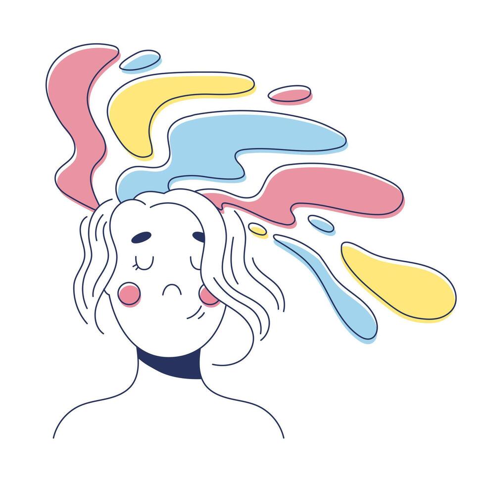 Dream, imagination, fantasy, creativity concept. Daydreaming girl thinking of her wishes and future. vector