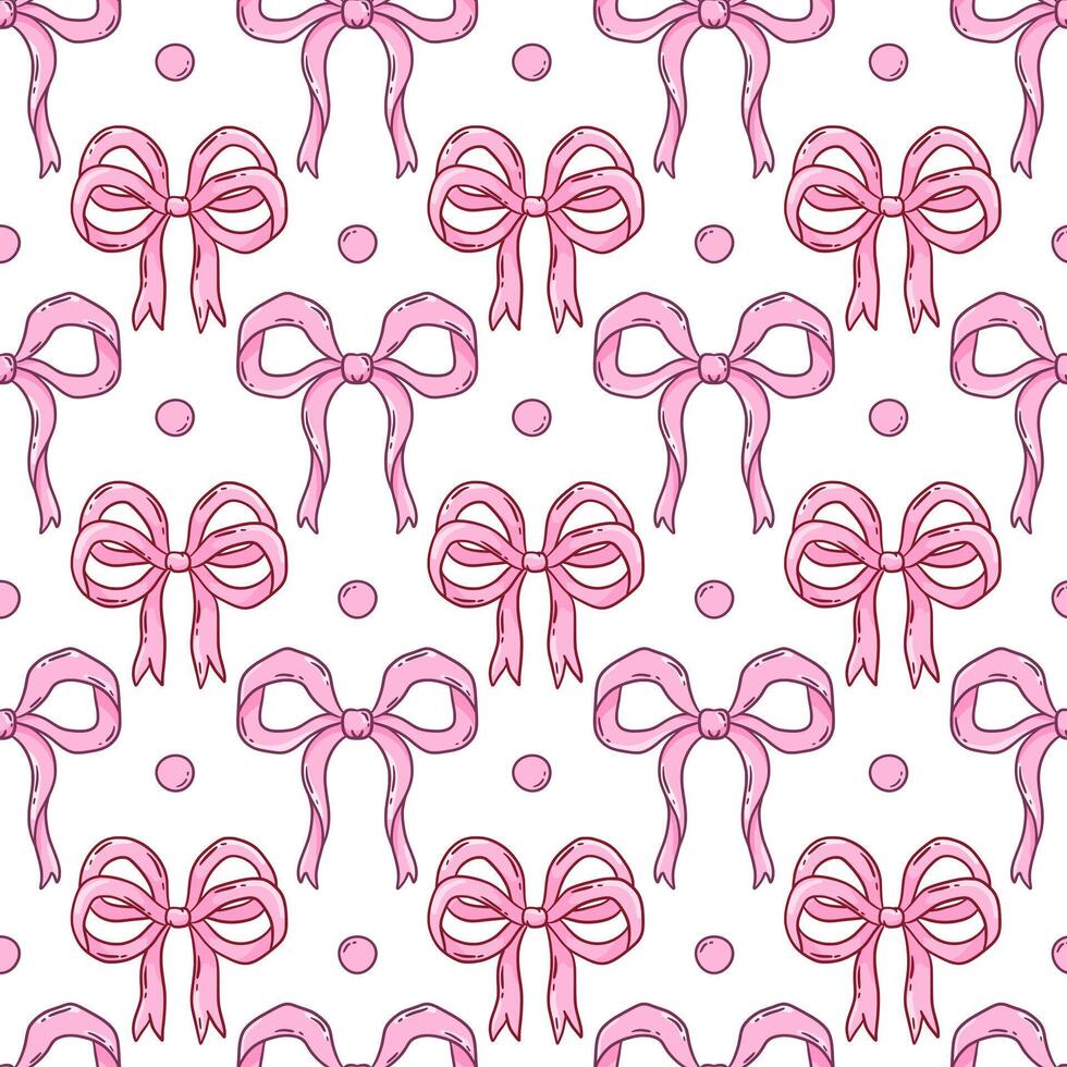 Pink bows and ribbons seamless pattern, Valentines design background, coquette core, handdrawn illustration vector
