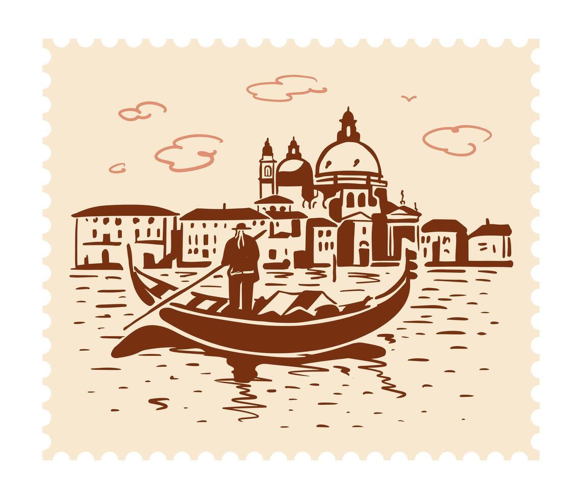 Architecture of Venice with a gondola on the water. Postage Stamp. Hand drawn illustration vector