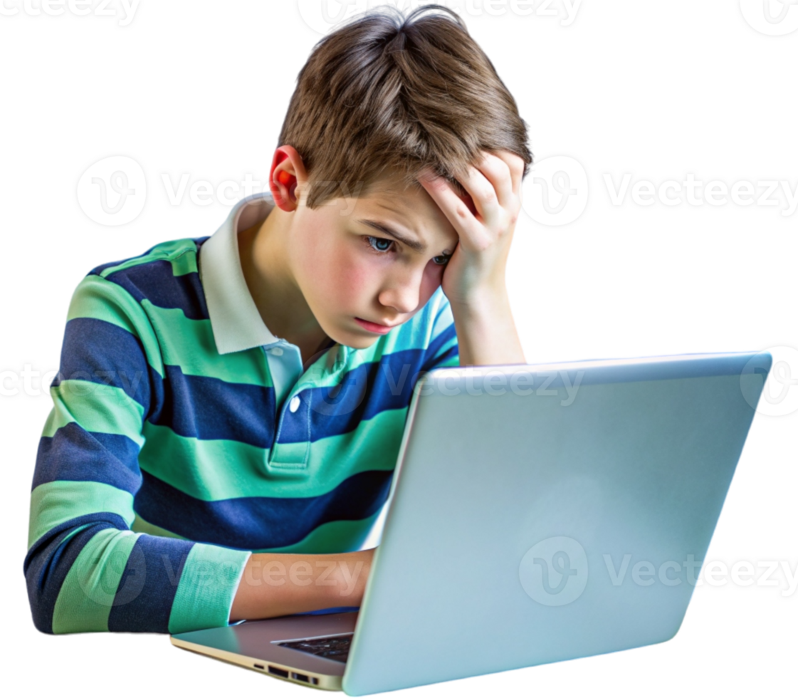Boy in difficulty in front of the computer png
