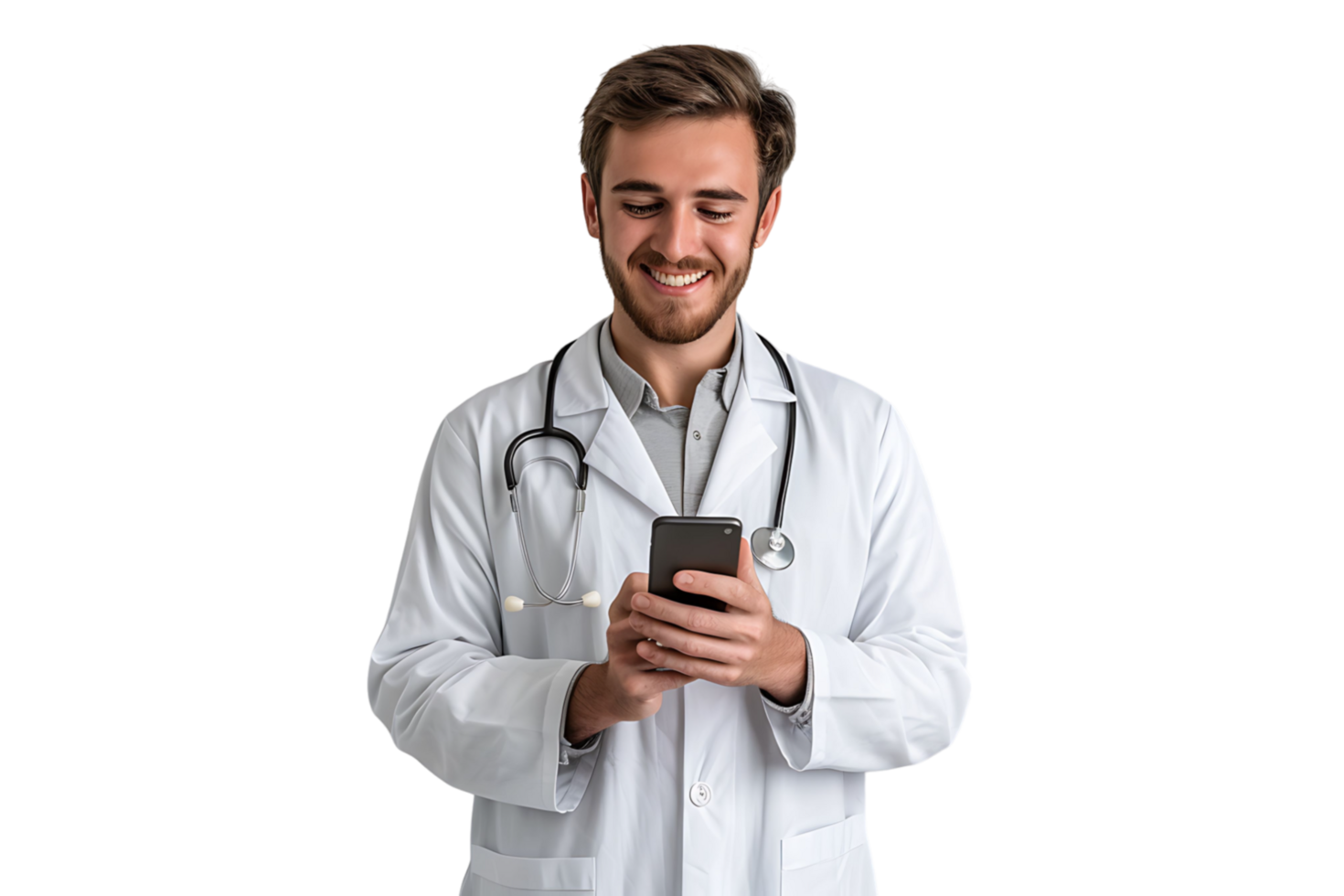 Cheerful young doctor in white coat smiling while looking at screen of his phone on isolated transparent background png