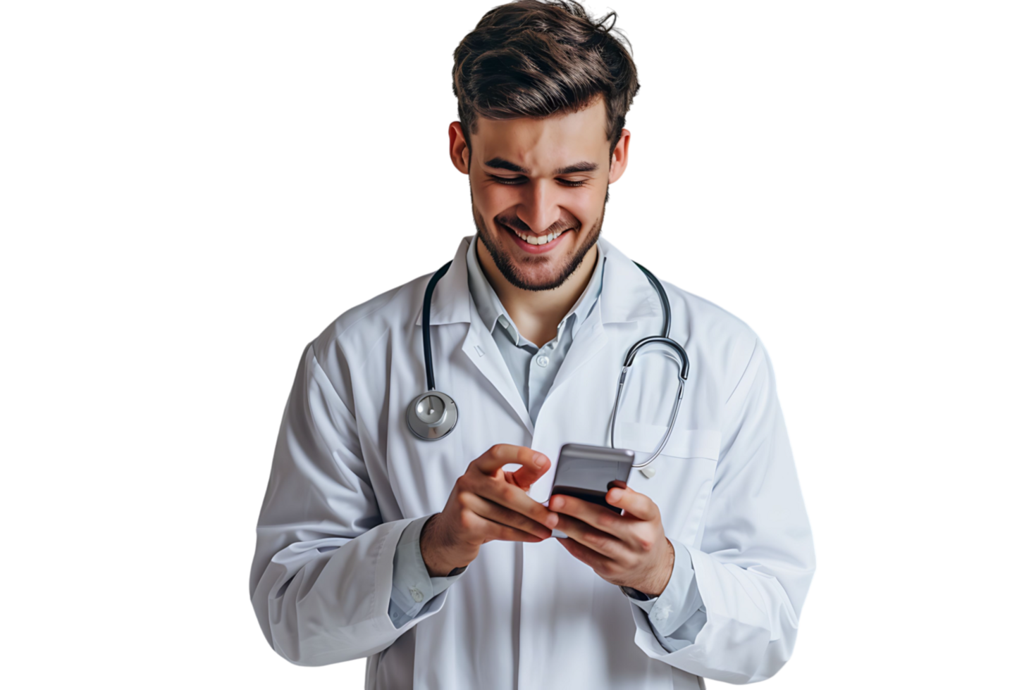Cheerful young doctor in white coat smiling while looking at screen of his phone on isolated transparent background png