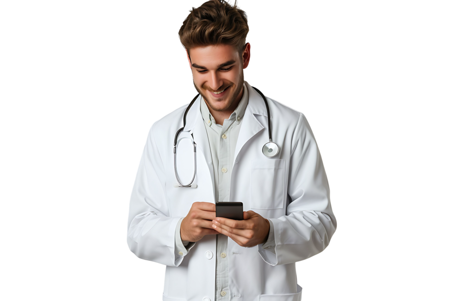 Cheerful young doctor in white coat smiling while looking at screen of his phone on isolated transparent background png