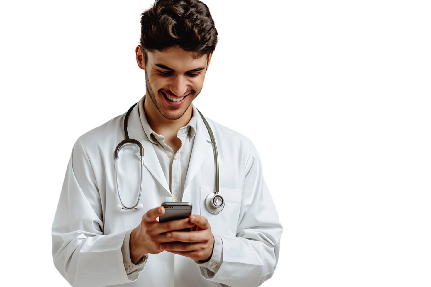 Cheerful young doctor in white coat smiling while looking at screen of his phone on isolated transparent background png