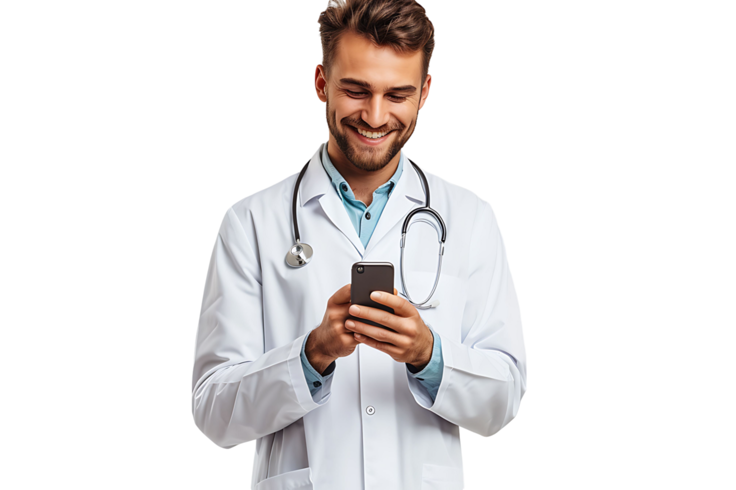Cheerful young doctor in white coat smiling while looking at screen of his phone on isolated transparent background png