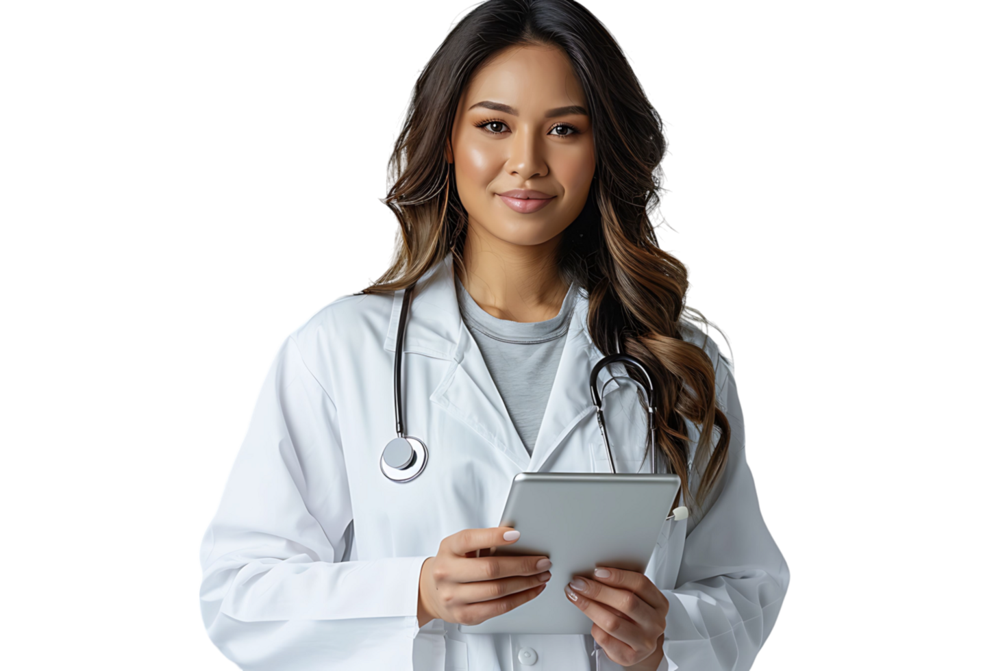 Woman doctor standing and holding tablet on isolated transparent background png