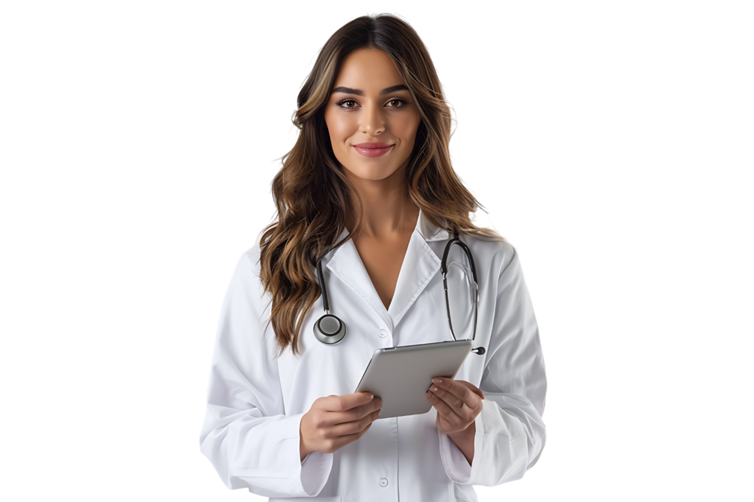 Woman doctor standing and holding tablet on isolated transparent background png