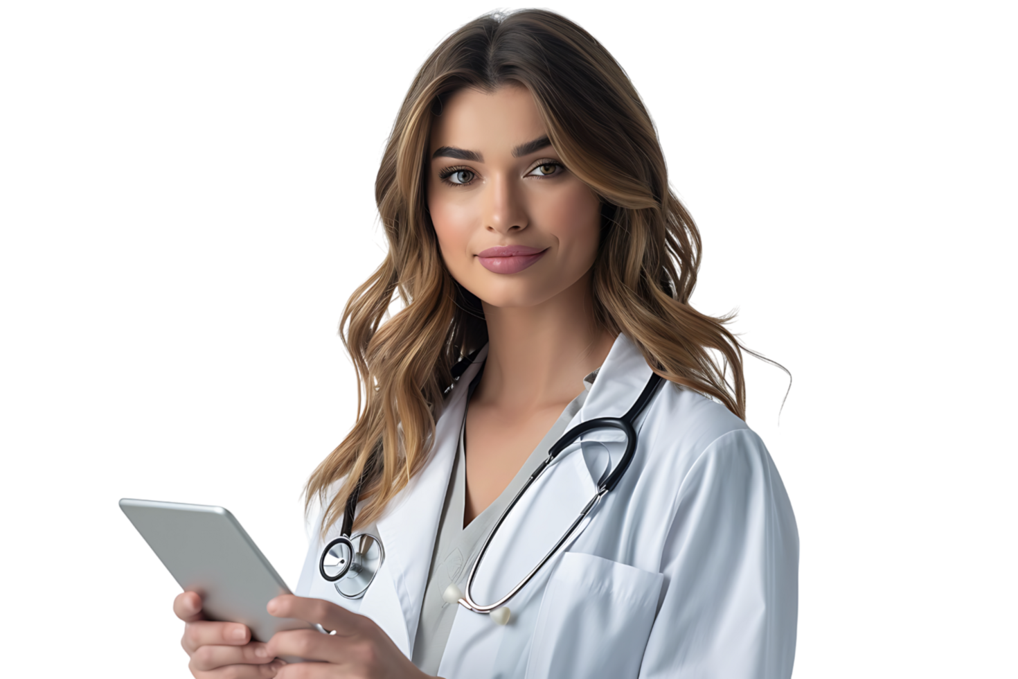 Woman doctor standing and holding tablet on isolated transparent background png