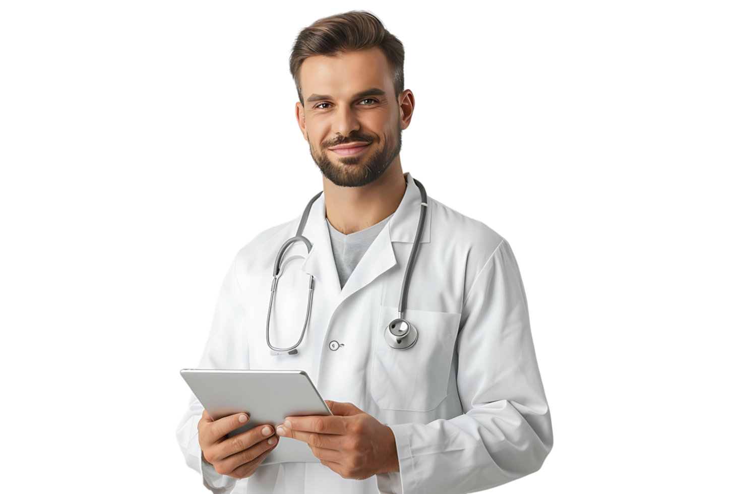 Handsome man doctor standing holding tablet on isolated transparent background png