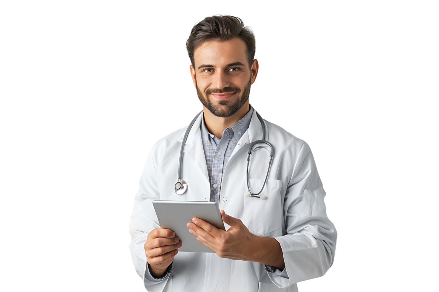 Handsome man doctor standing holding tablet on isolated transparent background png