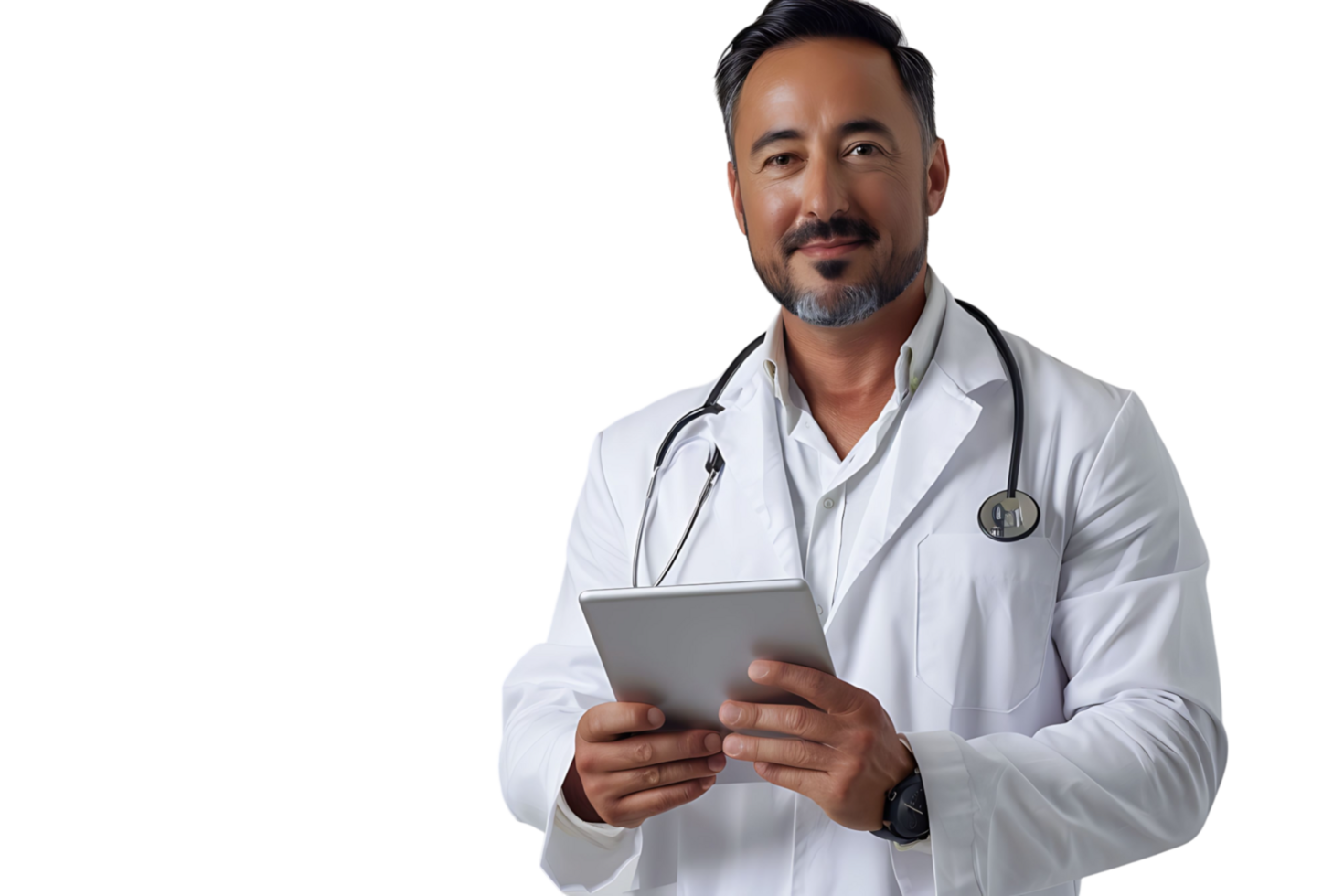 Handsome man doctor standing holding tablet on isolated transparent background png