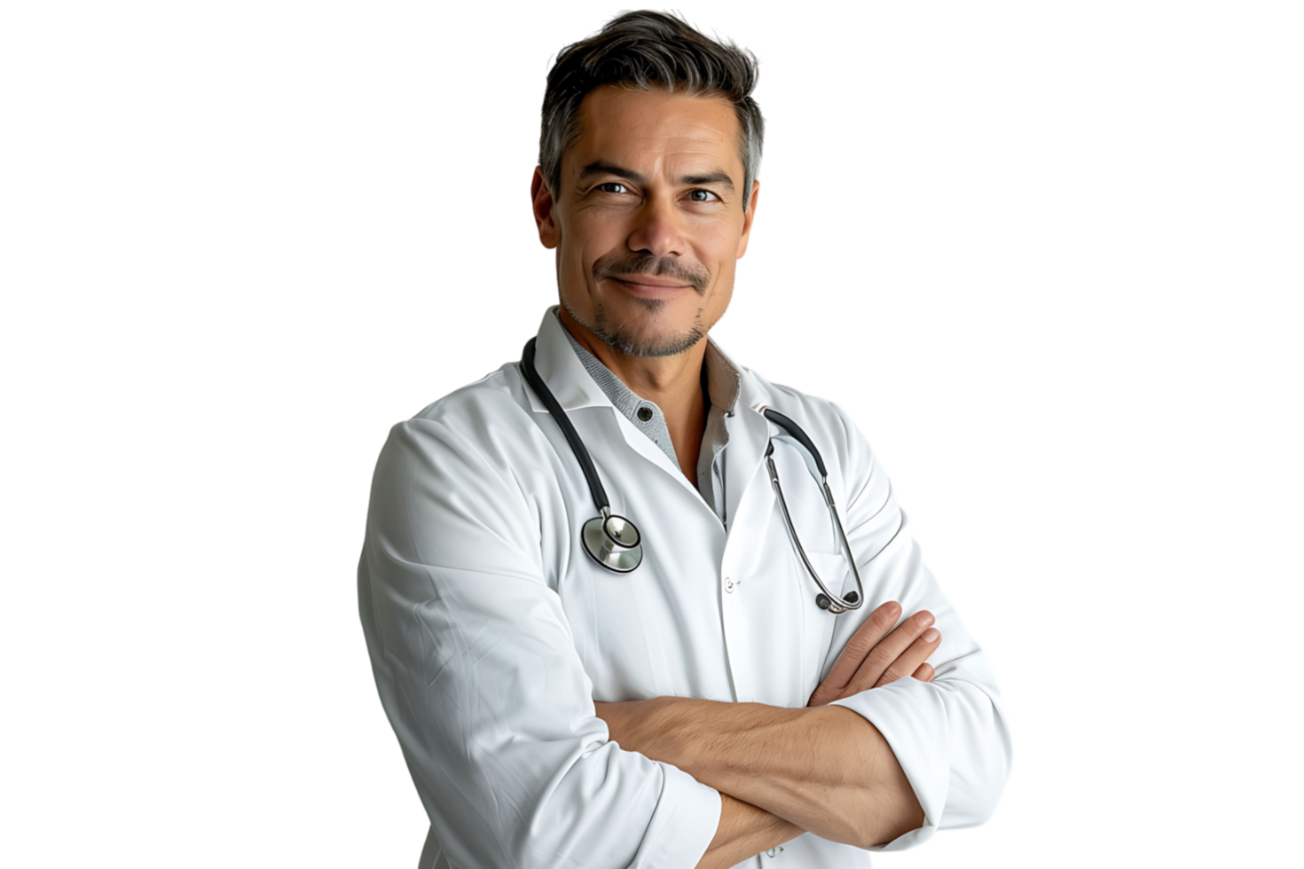 sorridente uomo medico in posa con braccia attraversato, con stetoscopio su isolato trasparente sfondo png