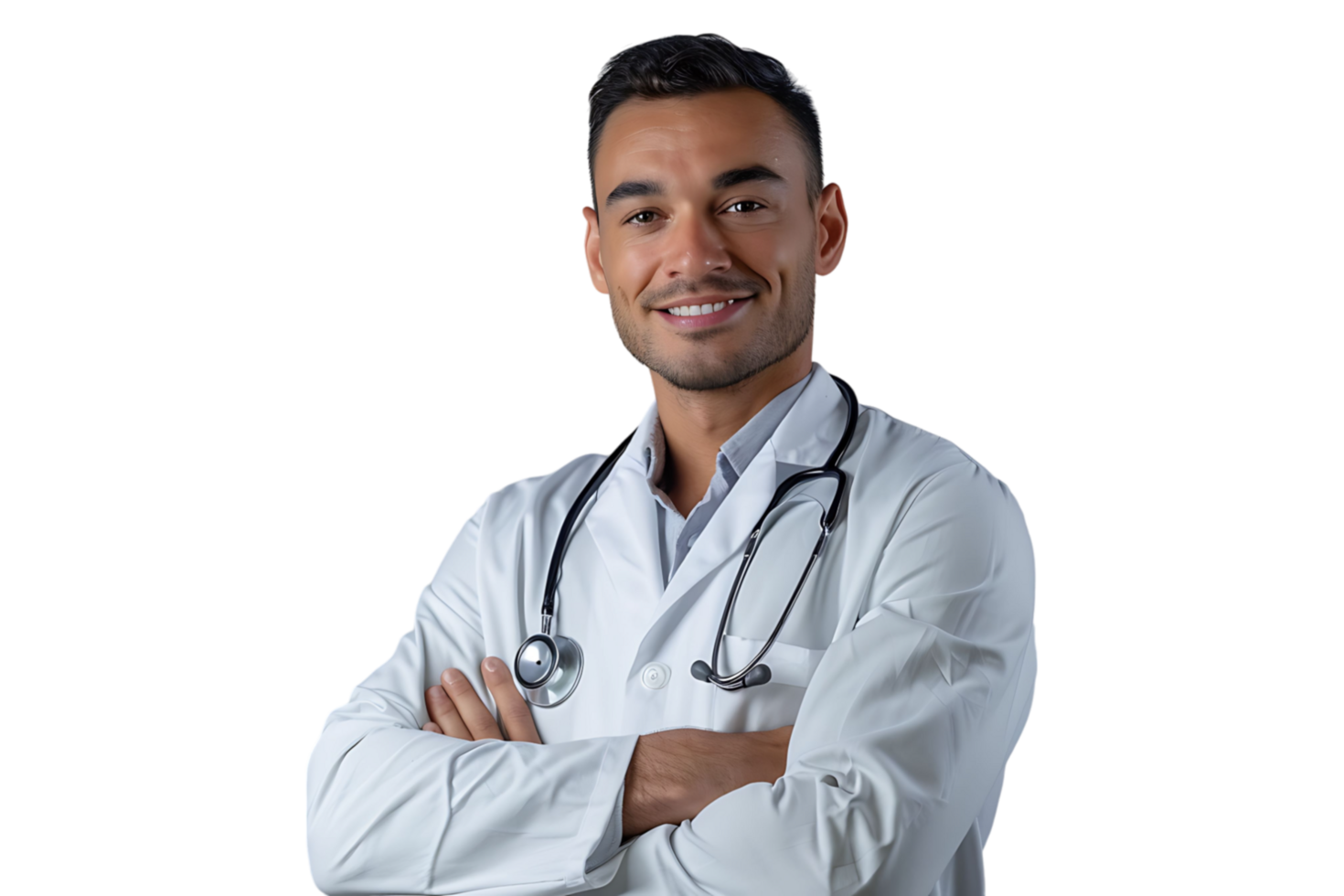 Smiling man doctor posing with arms crossed, with stethoscope on isolated transparent background png