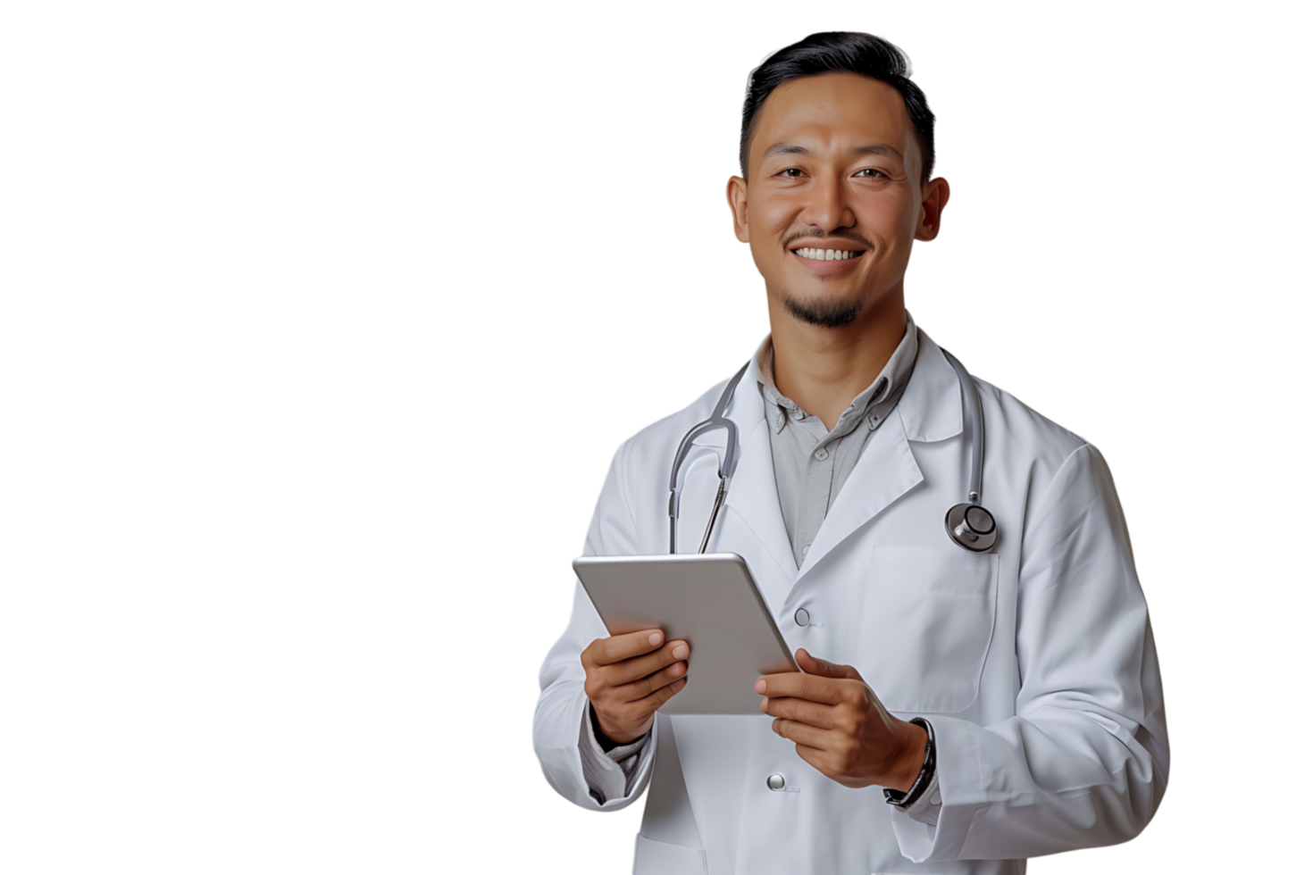 Handsome man doctor standing holding tablet on isolated transparent background png