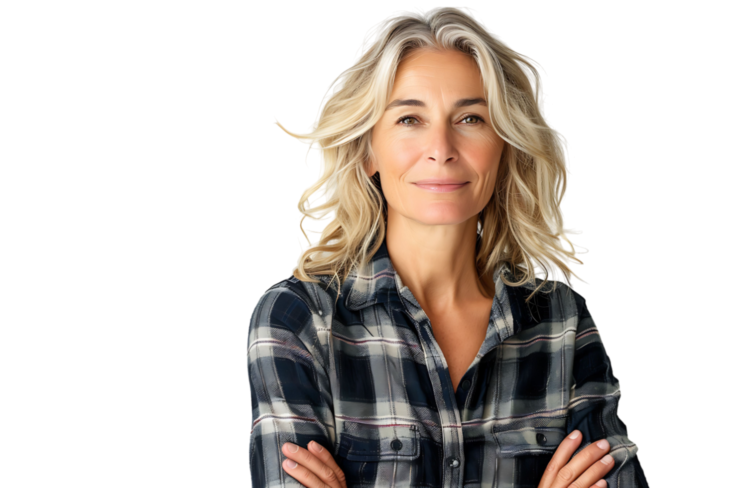 Happy blond haired mid aged woman standing on isolated transparent background png