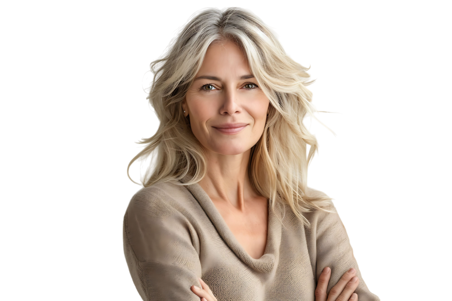 Happy blond haired mid aged woman standing on isolated transparent background png