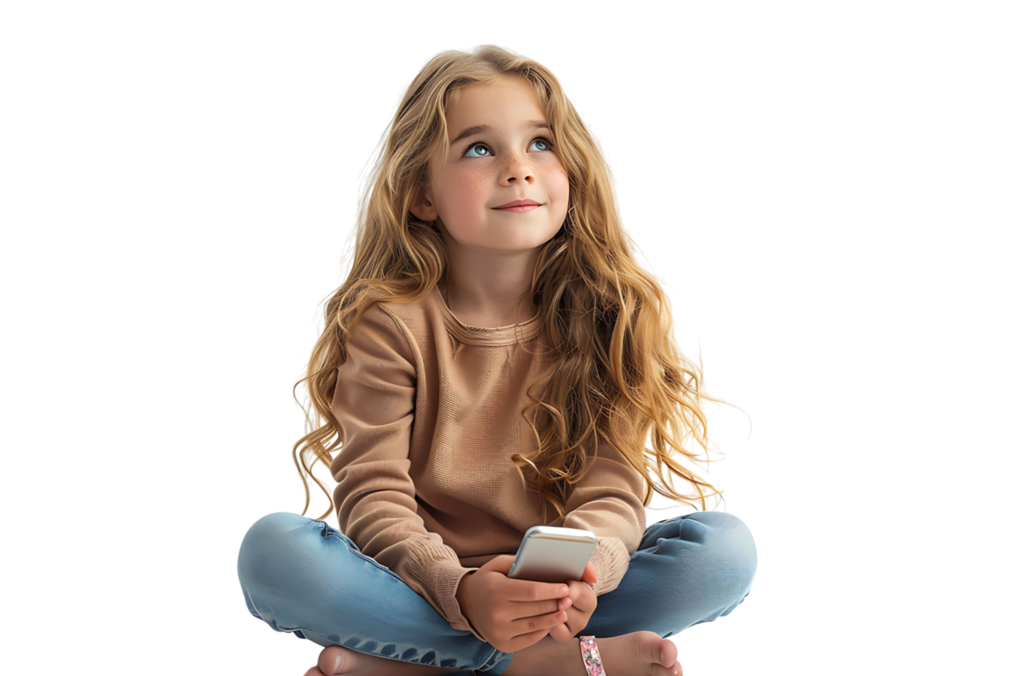Happy young girl sitting on the floor, holding smartphone in hands and looking away, on isolated transparent background png