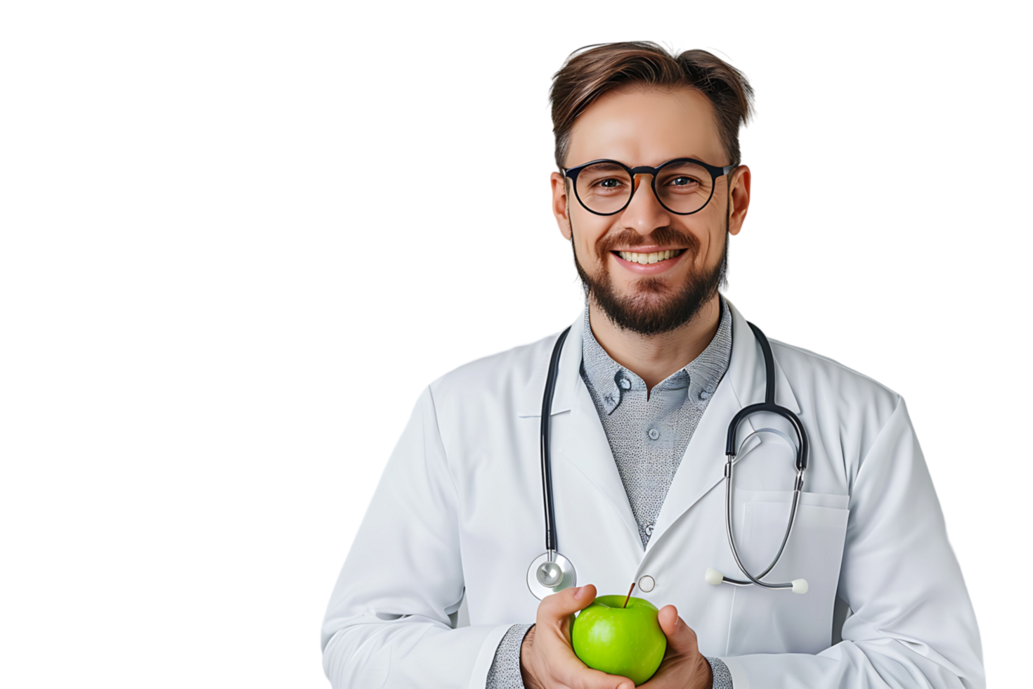 Smiling nutritionist doctor wearing white coat and round glasses, holding green apple in hand on isolated transparent background png