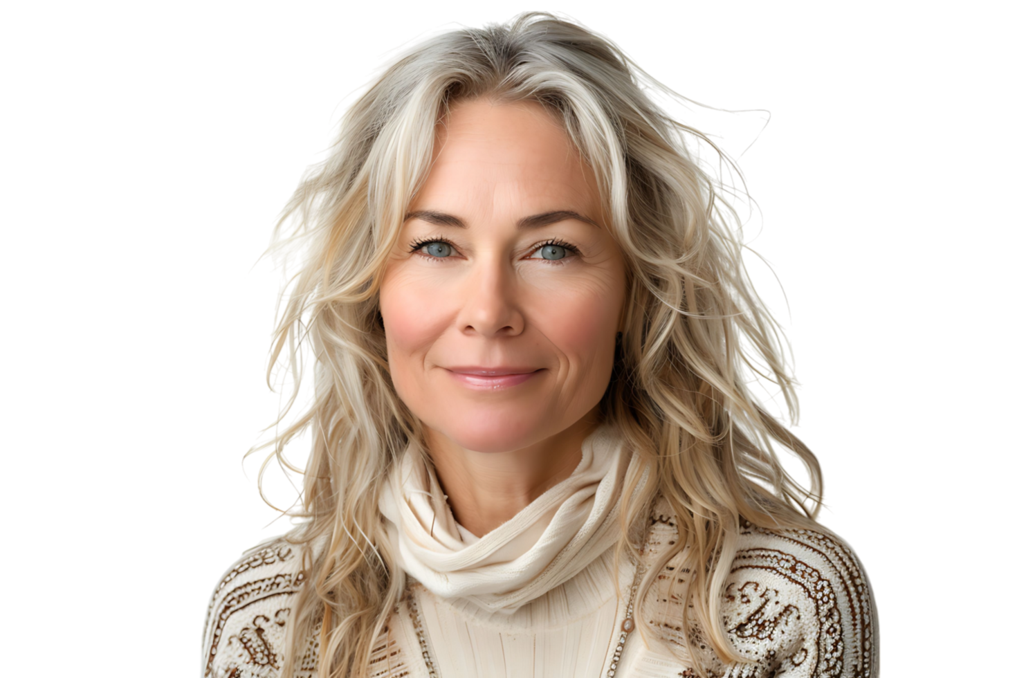 Happy blond haired mid aged woman standing on isolated transparent background png