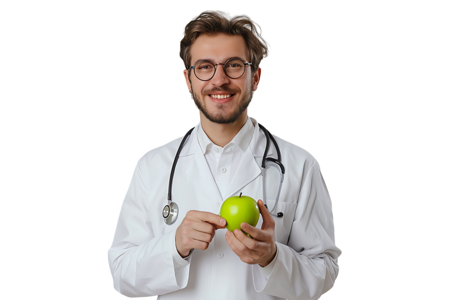 Smiling nutritionist doctor wearing white coat and round glasses, holding green apple in hand on isolated transparent background png