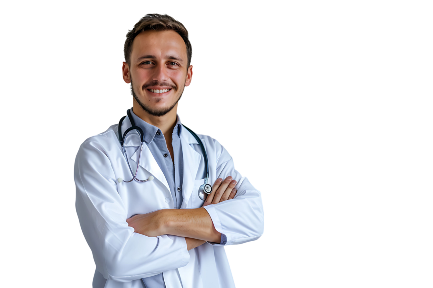 souriant homme médecin posant avec bras franchi, avec stéthoscope sur isolé transparent Contexte png