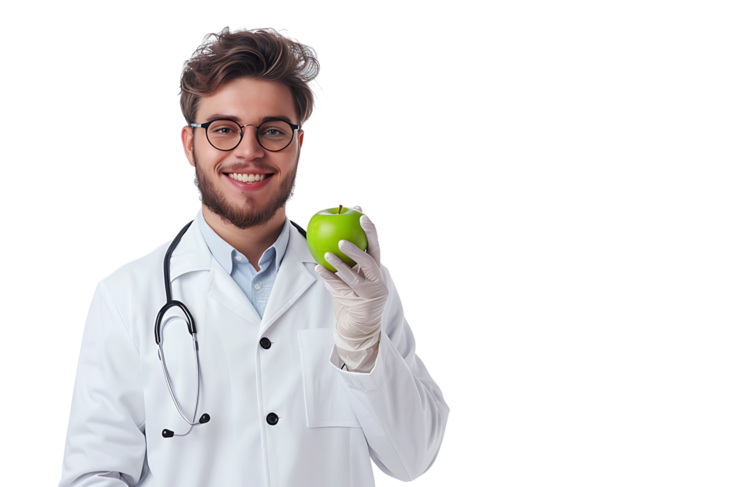 Smiling nutritionist doctor wearing white coat and round glasses, holding green apple in hand on isolated transparent background png
