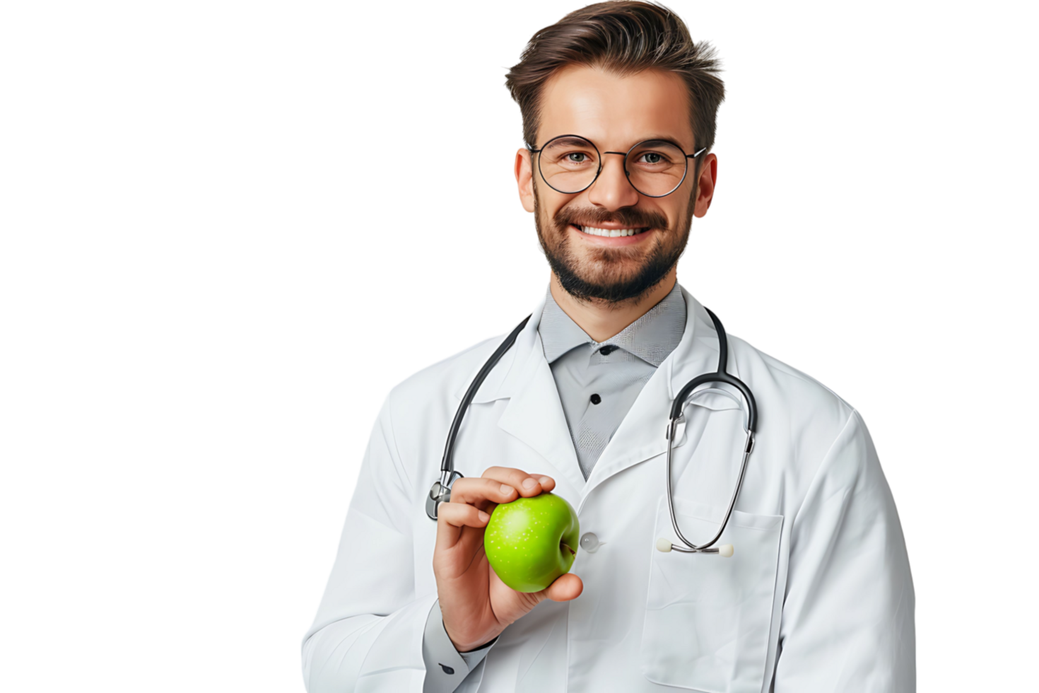 Smiling nutritionist doctor wearing white coat and round glasses, holding green apple in hand on isolated transparent background png
