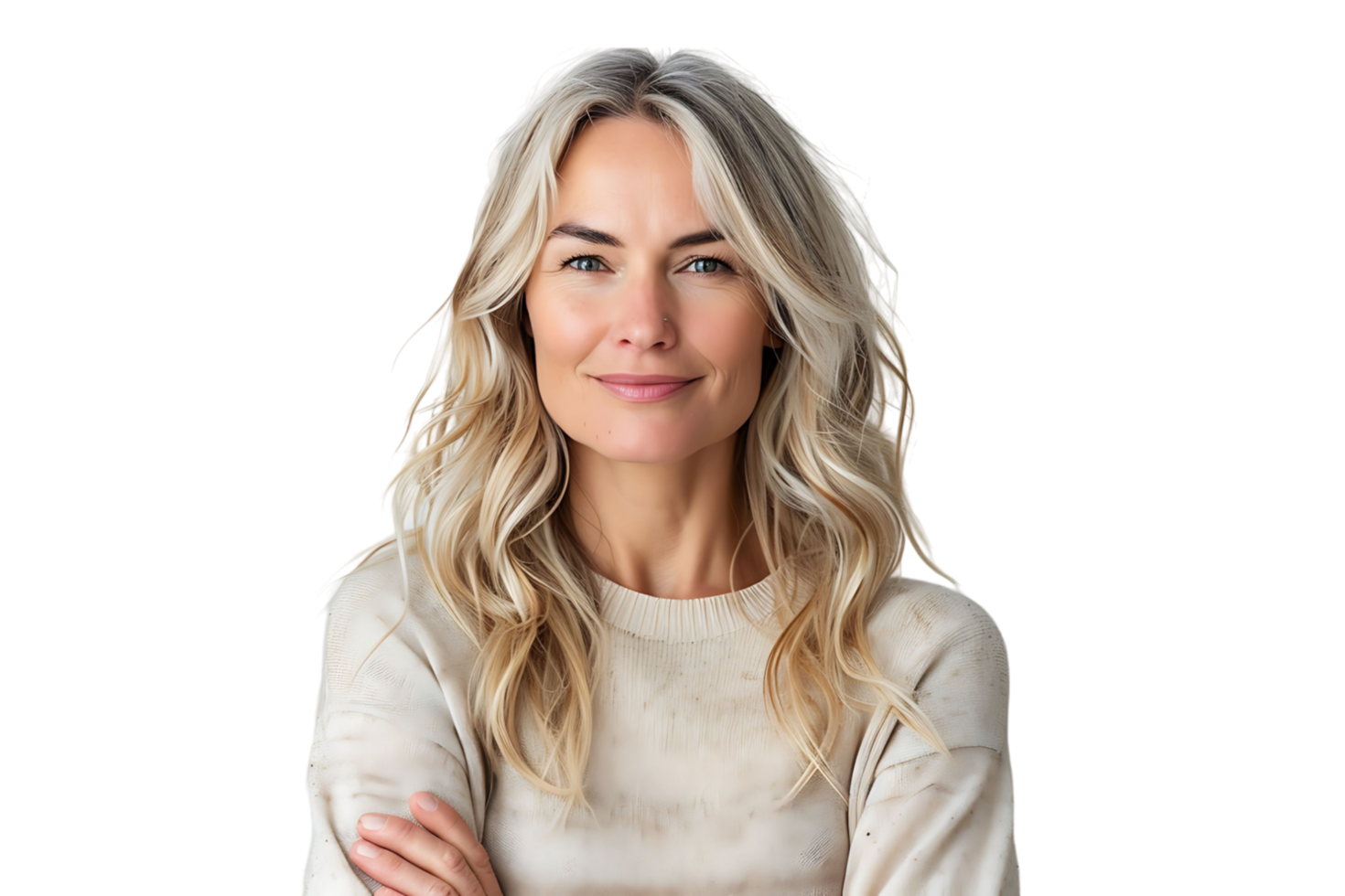 Happy blond haired mid aged woman standing on isolated transparent background png