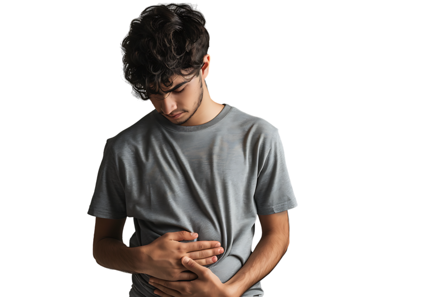 Young man touching his stomach on isolated transparent background png