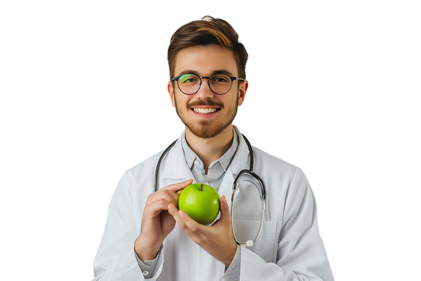 Smiling nutritionist doctor wearing white coat and round glasses, holding green apple in hand on isolated transparent background png