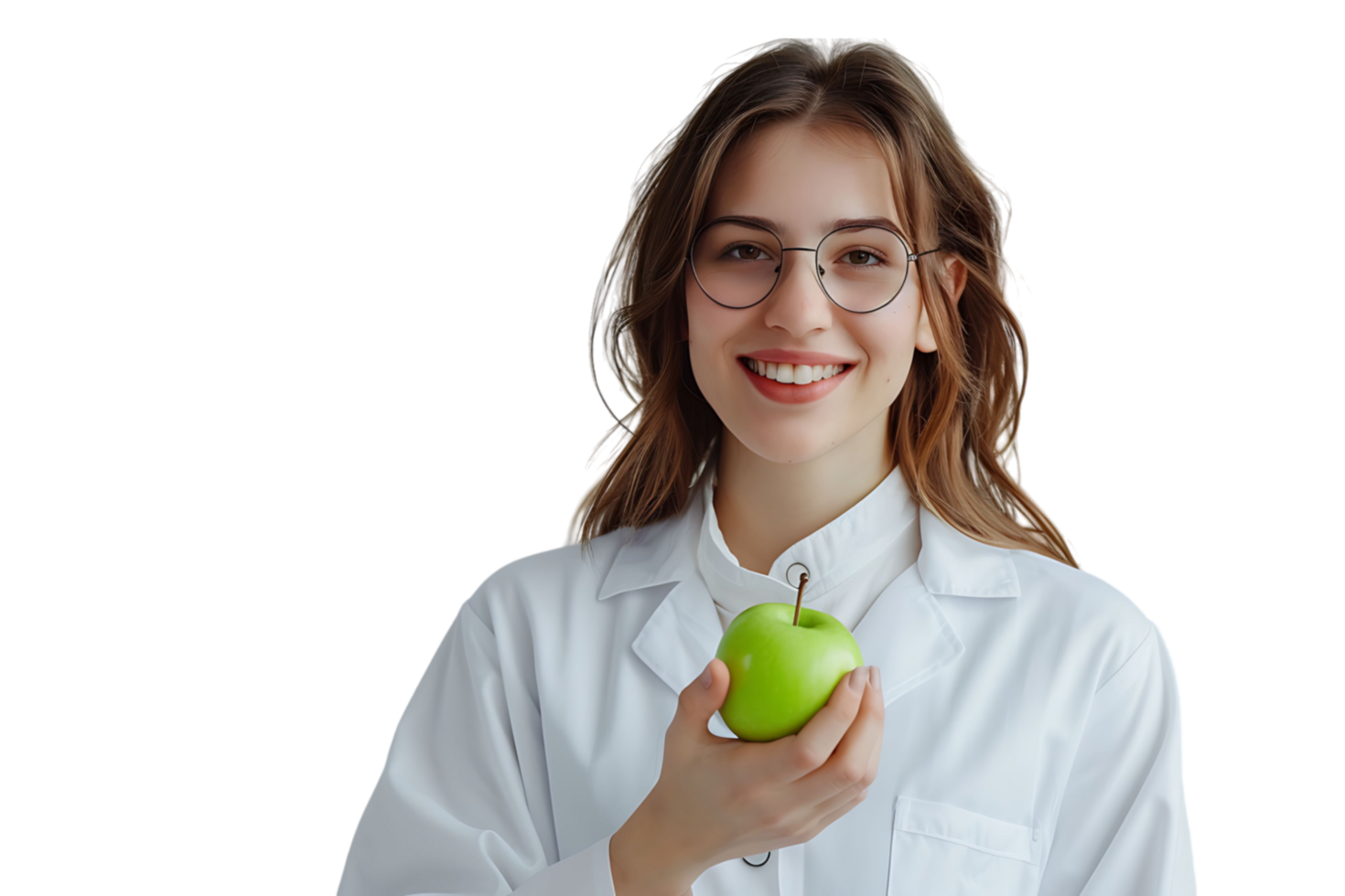 Smiling nutritionist doctor wearing white coat and round glasses, holding green apple in hand on isolated transparent background png
