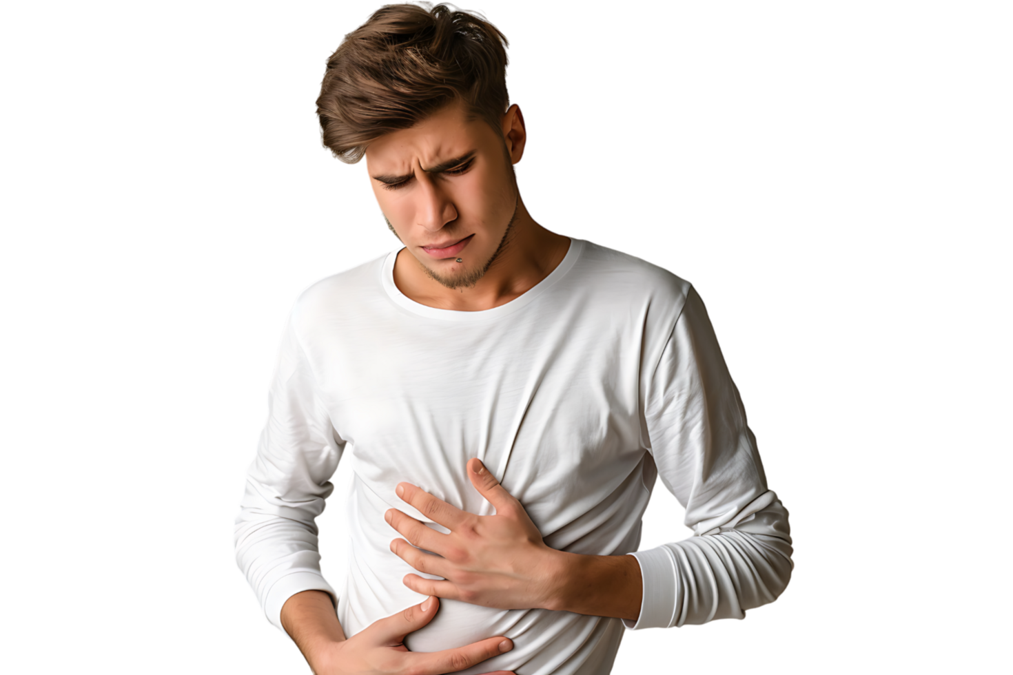 Young man touching his stomach on isolated transparent background png