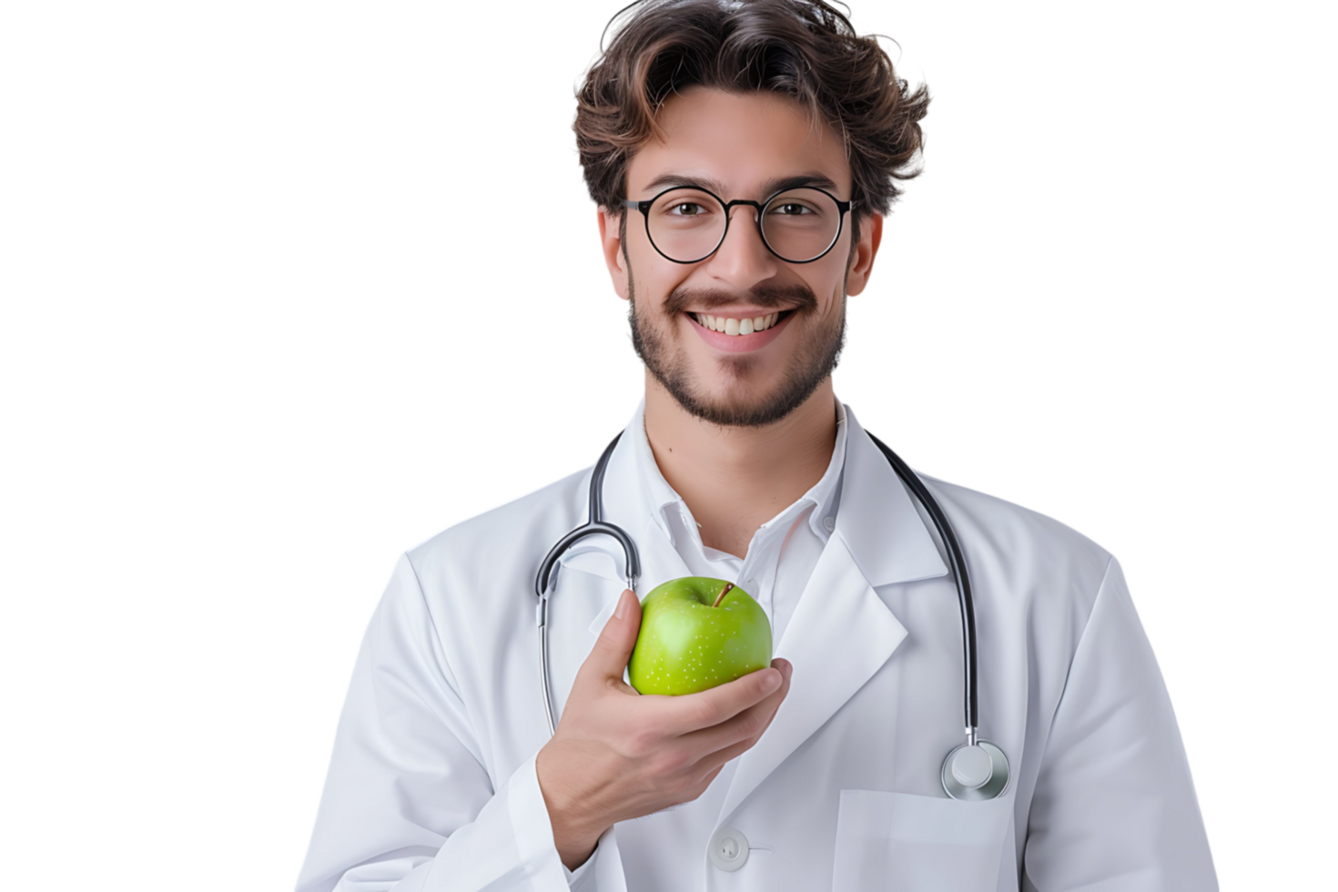 Smiling nutritionist doctor wearing white coat and round glasses, holding green apple in hand on isolated transparent background png