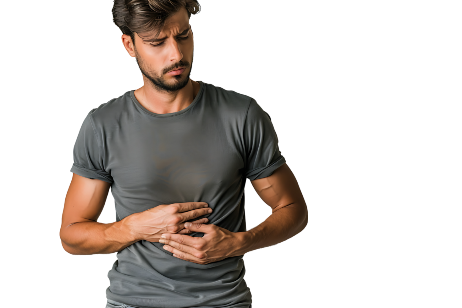 Young man touching his stomach on isolated transparent background png