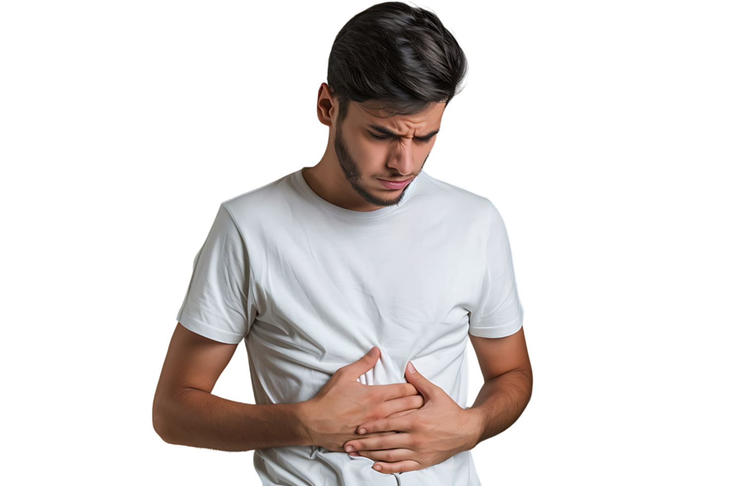 Young man touching his stomach on isolated transparent background png