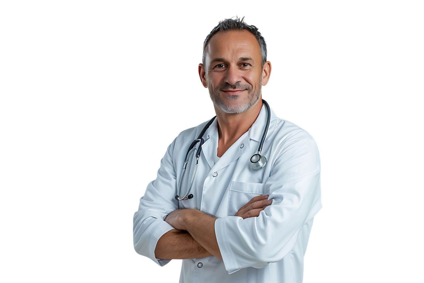 Smiling man doctor posing with arms crossed, with stethoscope on isolated transparent background png