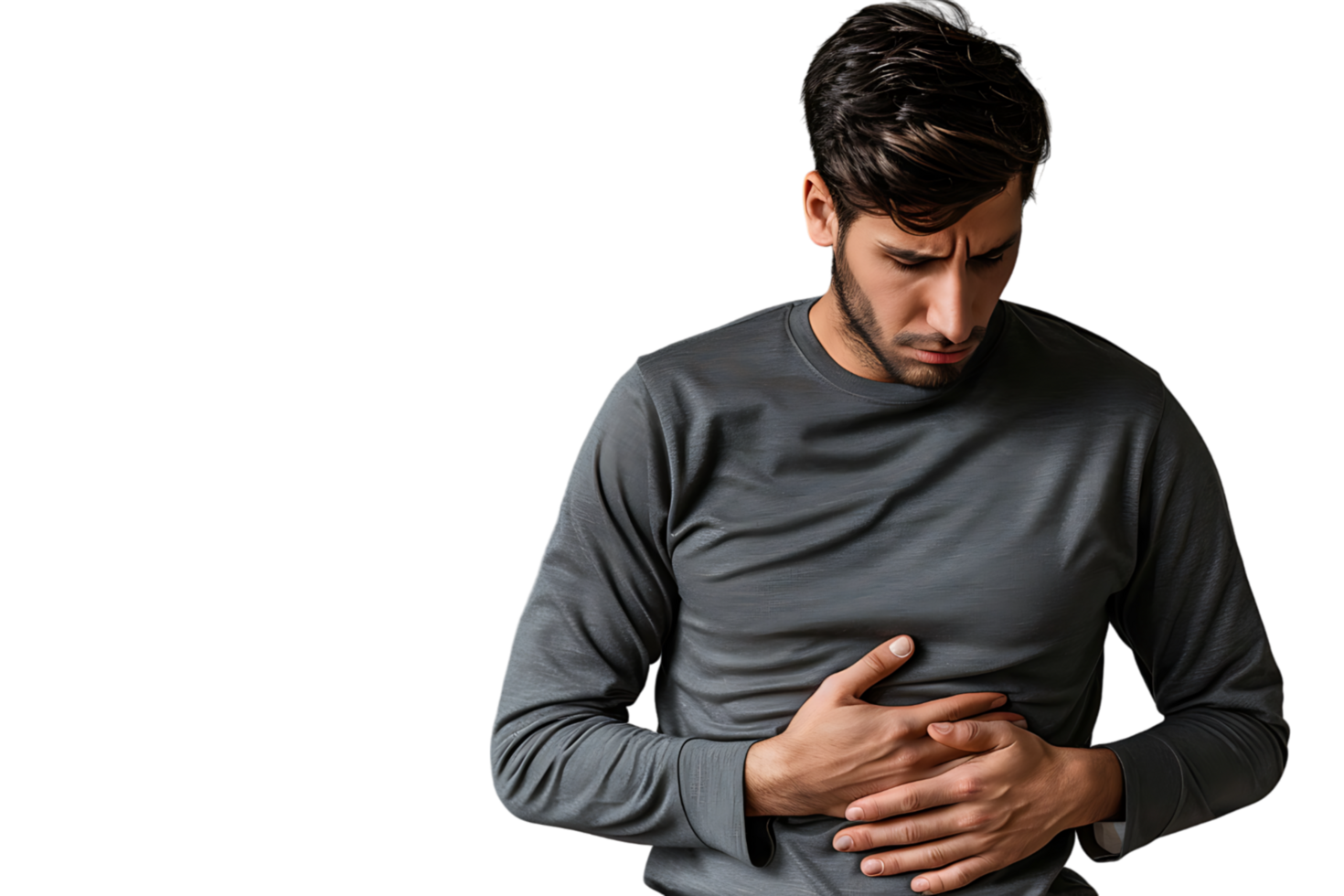 Young man touching his stomach on isolated transparent background png